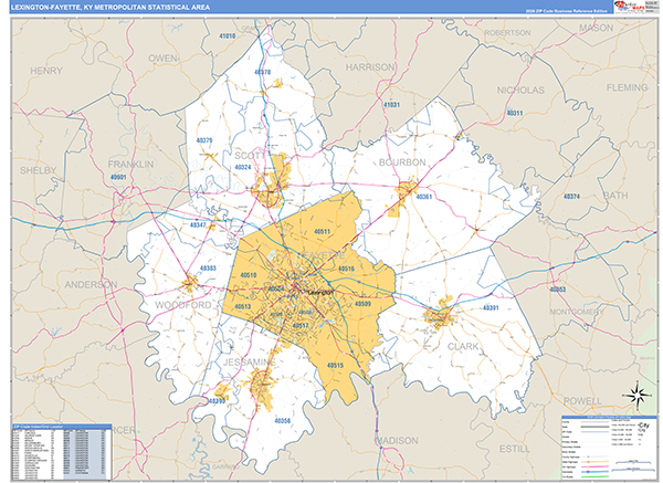 Lexington-Fayette Metro Area Wall Map Basic Style